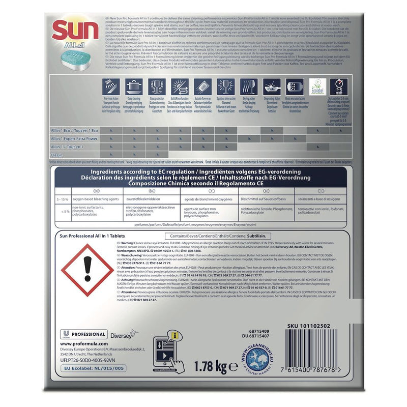 Sun Professional All in 1 Tabs, 102 Stück Geschirrreiniger Tabs All in 1, mit integriertem Klarspüler und Salzfunktion, geeignet für Haushaltsgeschirrspüler.