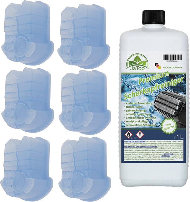 6 Kartuschen + 1L JaTop Scherkopfreiniger passend für Braun Reinigungsstationen